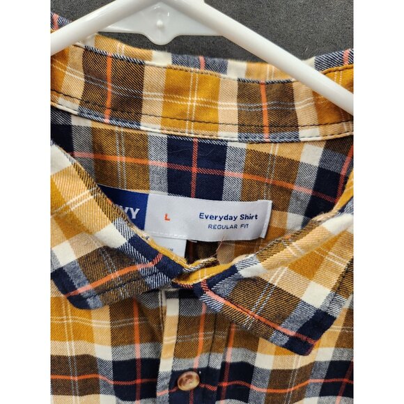 Mens Flannel Mustard Blue Plaid Button-Down Collar Shirt L Regular Fit Long Slee - Picture 2 of 13
